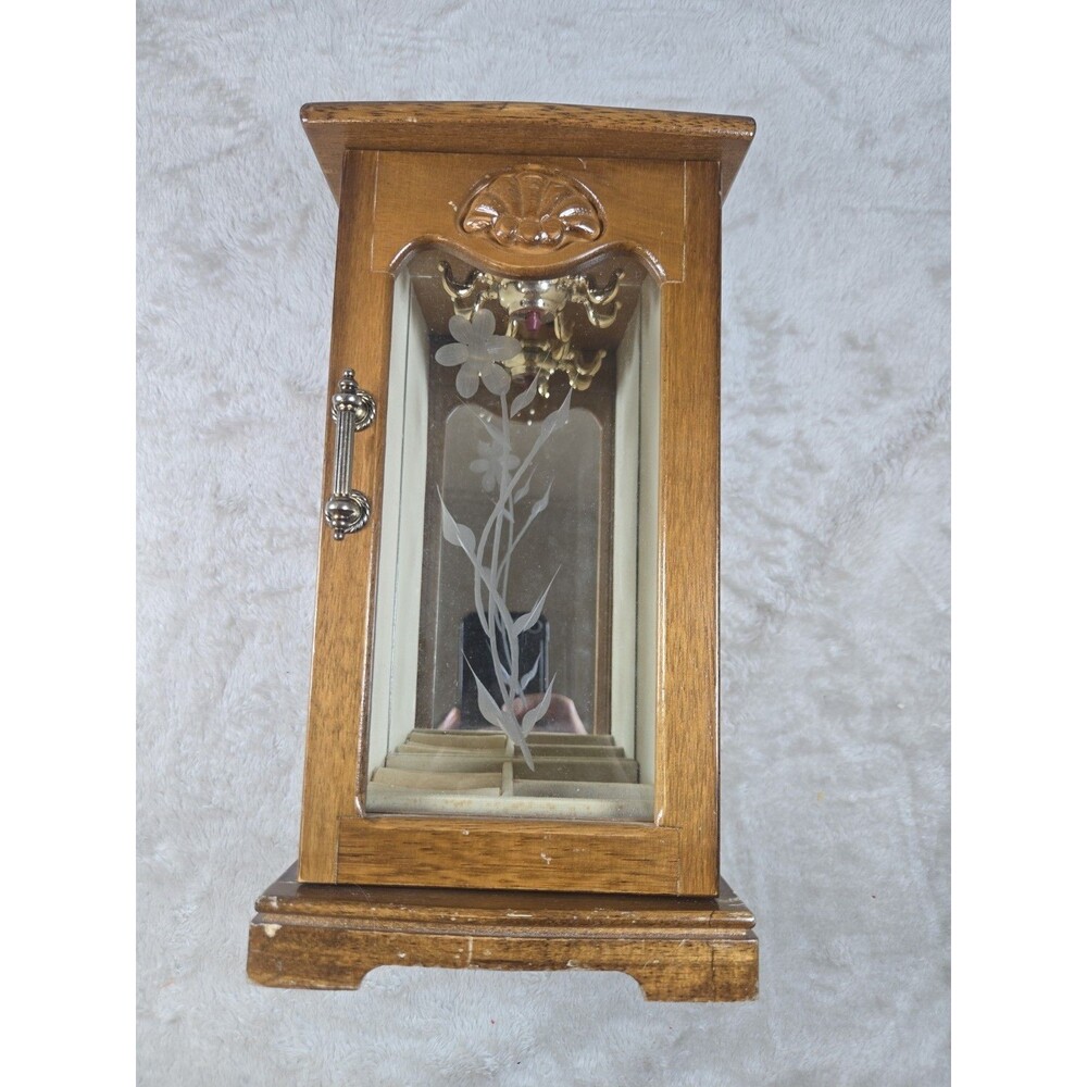 Vintage Mele Wooden Jewelry Box Floral Glass Door Cottage Core